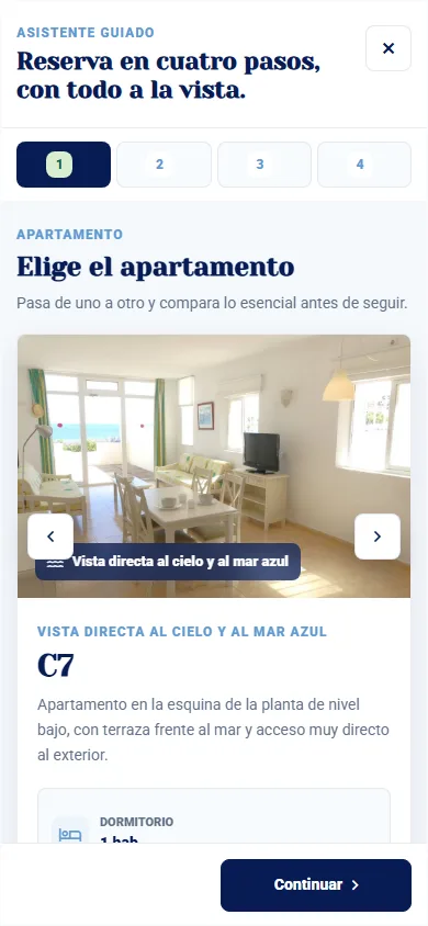 Pantalla móvil del asesor de reservas de S'Amfora para elegir apartamento
