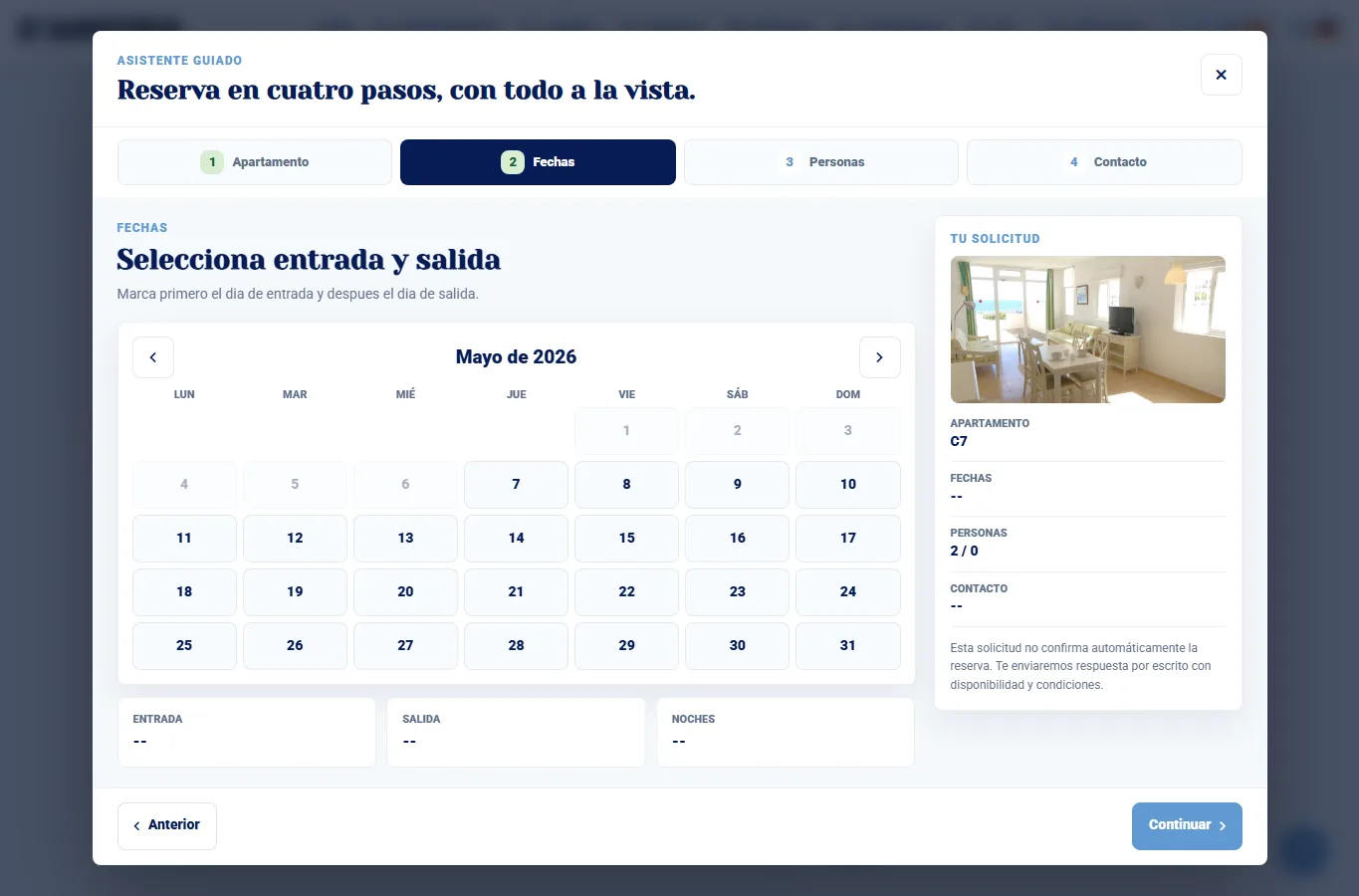 Pantalla del asesor de reservas de S'Amfora con calendario de fechas