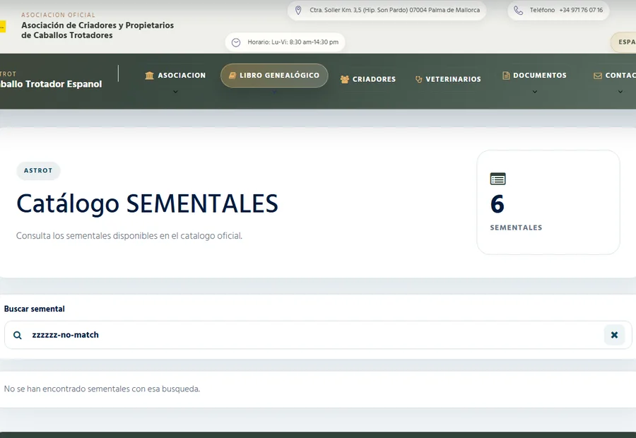 Pantalla del catalogo de sementales de ASTROT