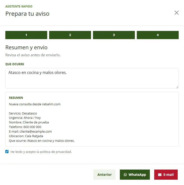 Pantalla del asesor de incidencias de Rebalim con resumen del aviso